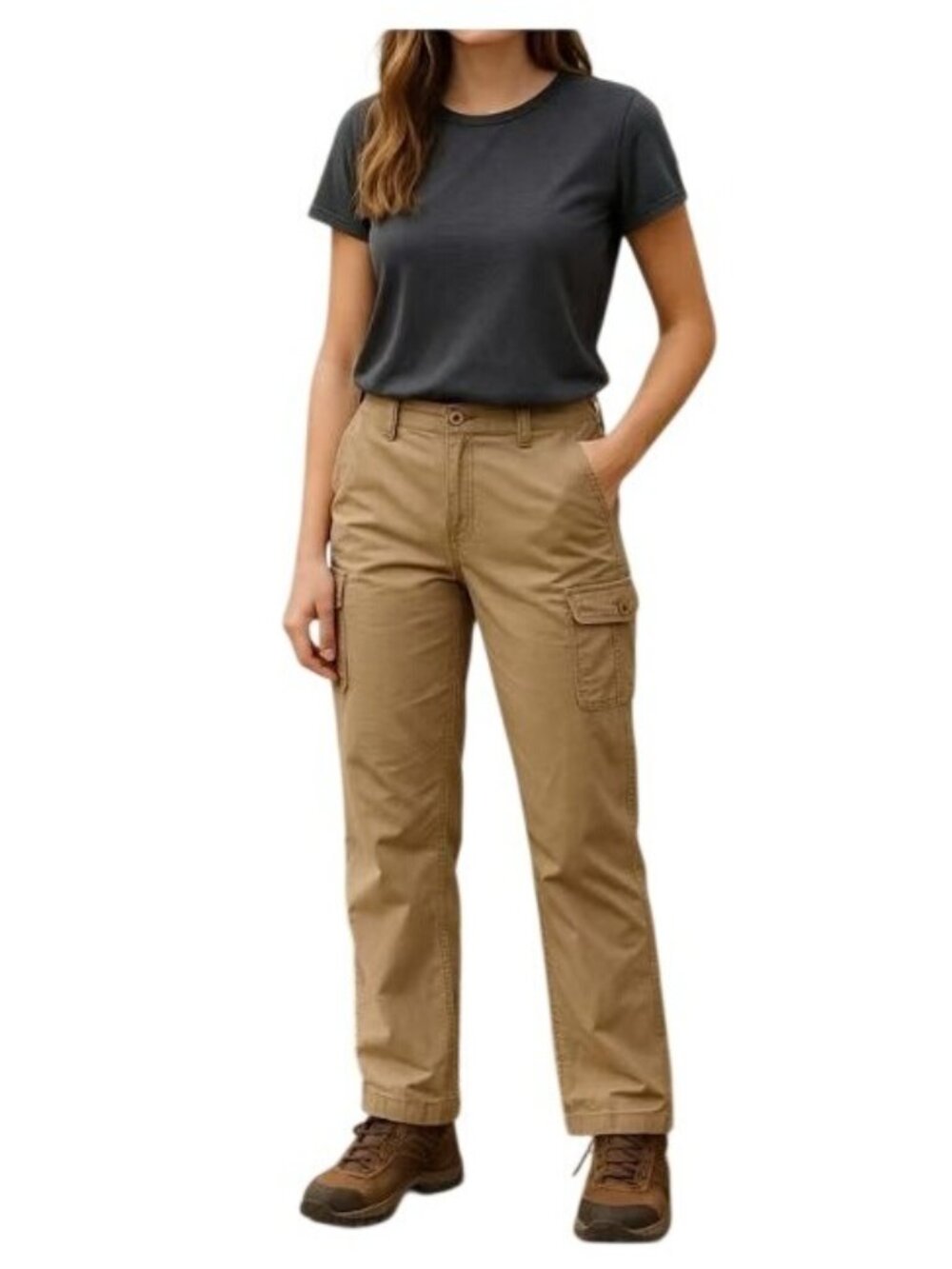 CABELA'S- WOMENSDESET TAN OUTDOORS PANTS WITH ENBROIDER POCKETS AND BELT SIZE 12
